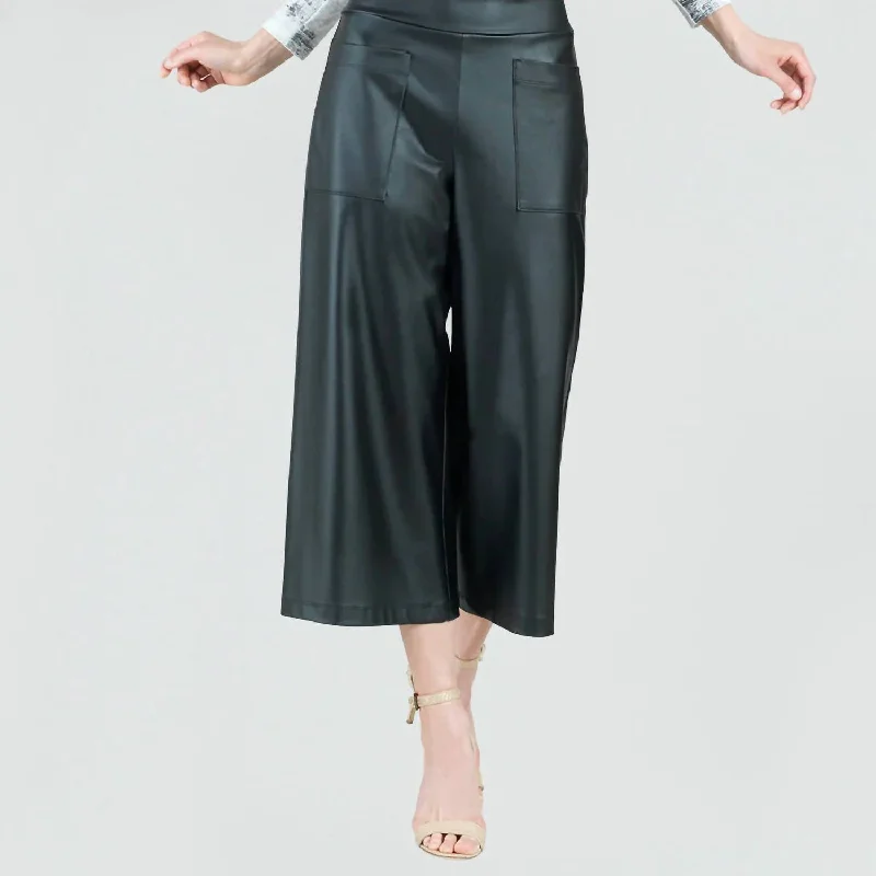 Casual Women’s Clothing Liquid Leather Front Pocket Gaucho Pants In Black