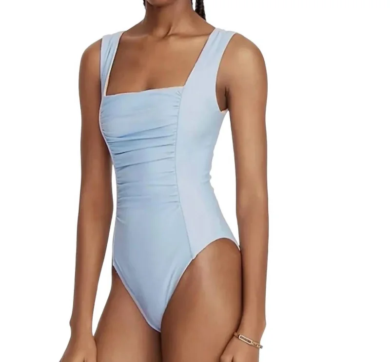 Street Style Fashion Ruched Square Neck One Piece Swimsuit In Blue