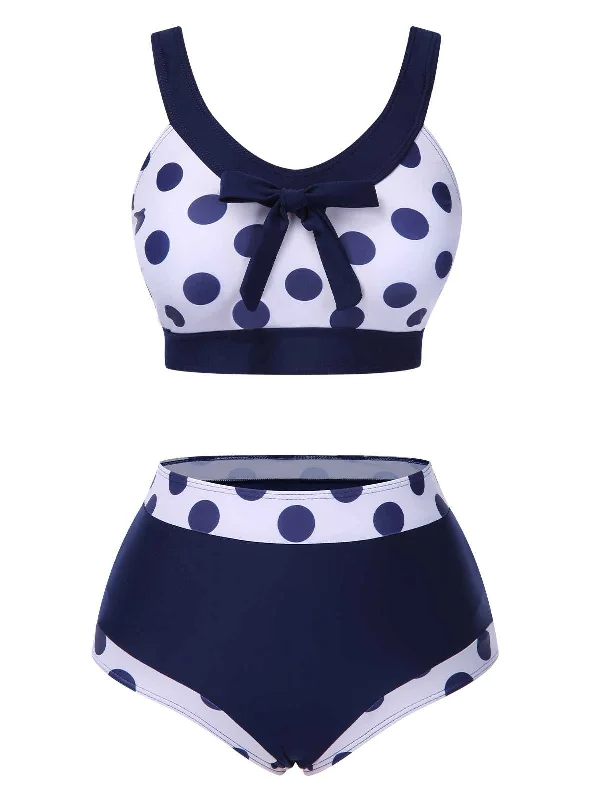 Minimalist Women’s Fashion Clothing Navy Blue 1950s Polka Dots High-Waist Swimsuit