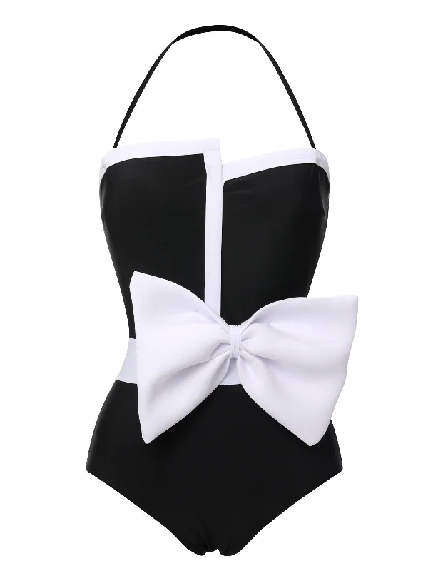 Trendy Women's Wear Black 1960s Halter Bow Colorblock Swimsuit