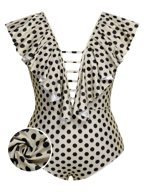 Stupidly Low Prices [Plus Size] Beige 1960s Polka Dot Ruffles One-Piece Swimsuit