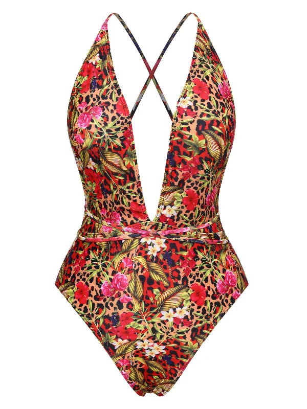 New Arrival Discount Red 1970s Leopard Flower One-Piece Swimsuit