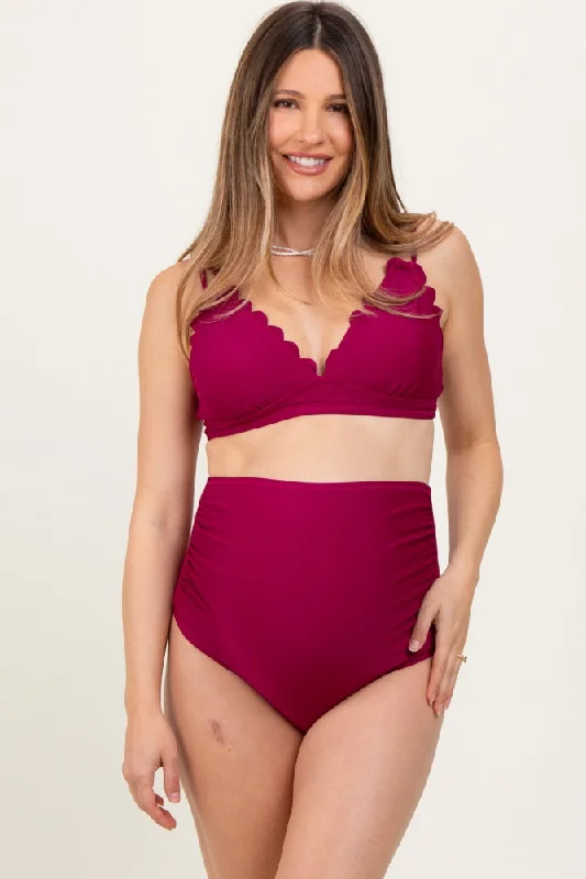 Classic Women’s Clothing Styles Magenta Scalloped V-Neck High Waist Two-Piece Maternity Swimsuit