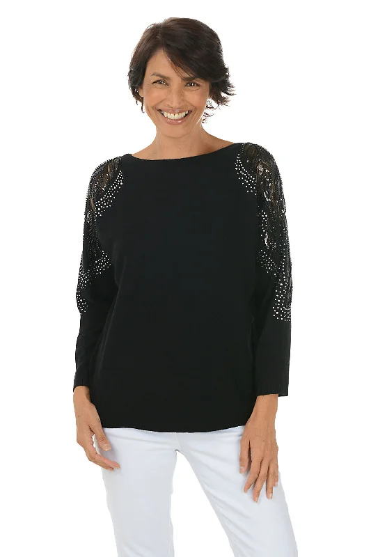 Fashion Essentials Ornate Beaded Mesh Sleeve Sweater