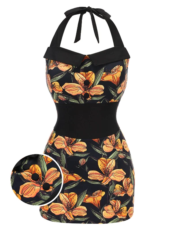 Online Boutique Stores Black 1950s Antique Flower Lapel Swimsuit