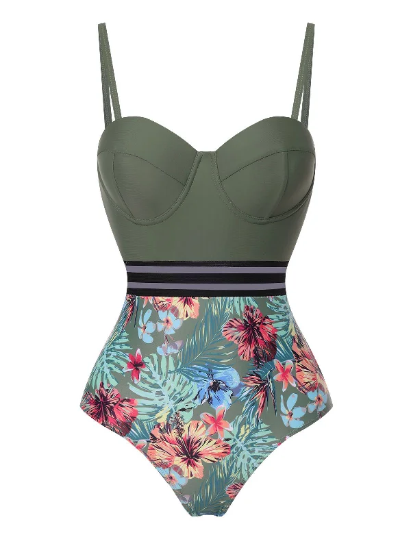 Exclusive Sale Green 1970s Tropical Patchwork Strap Swimsuit