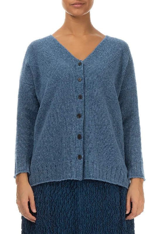 Bold Fashion Ribbed V-Neck Petrol Blue Wool Cardigan