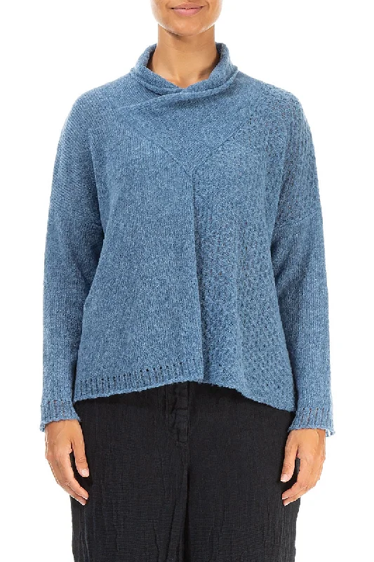 Seasonal Sale Boxy Cowl Neck Petrol Blue Wool Sweater