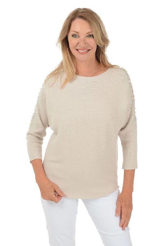 Pastel Styles Pearl Embellished Mesh Dolman Sleeve Sweater