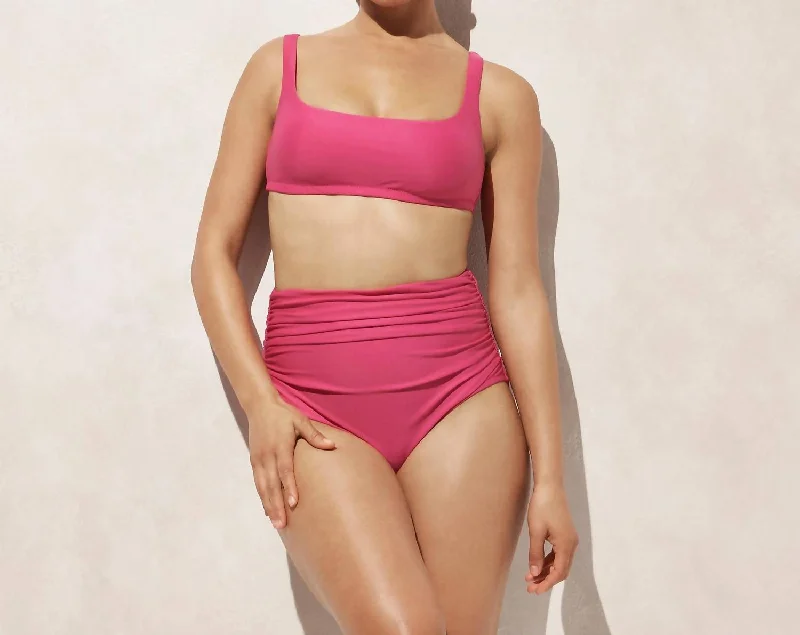 Relaxed Fashion Ruched High-Rise Full-Coverage Bikini Bottom In Radiant Fuchsia