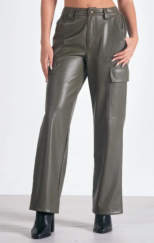 Trendy Boutiques Online Faux Leather Cargo Pant In Olive