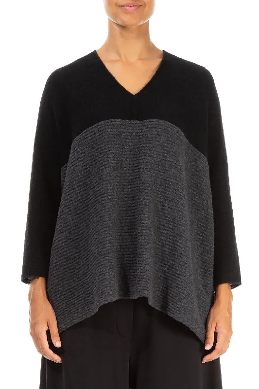 Minimalist Women’s Fashion Clothing V-Neck Black & Dark Grey Wool Sweater