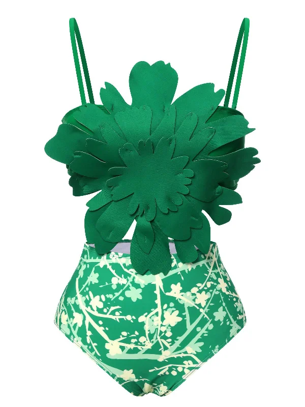 Online Clothing Boutiques Green 1960S 3D Floral Strap Swimsuit