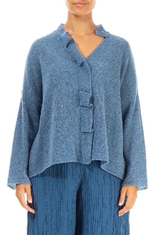 Women's Clothing Online Sale Frilled Neck Petrol Blue Wool Cardigan