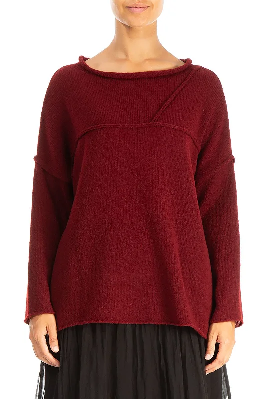 Women Wear Online Asymmetrical Seams Maroon Wool Sweater