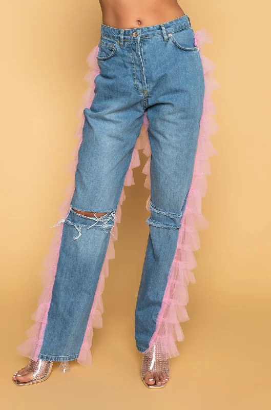 Innovate Your Wardrobe PRETTY LADY DENIM JEANS WITH BACK RUFFLE TULLE TRIM LIGHT PINK