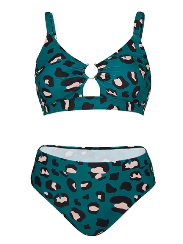 Huge Discounts This Week [Plus Size] Blue Green 1960s Leopard Suspender Swimsuit