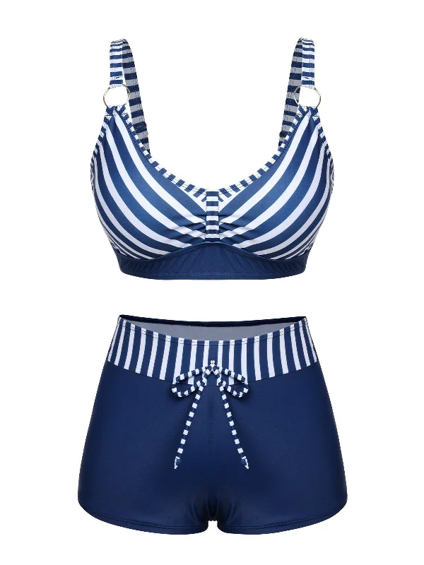 New Arrival Discounts Dark Blue 1940s Stripes Strap Drawstring Swimsuit