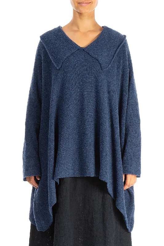 Women’s Fashion Clothing Relaxed Collar Blue Wool Sweater