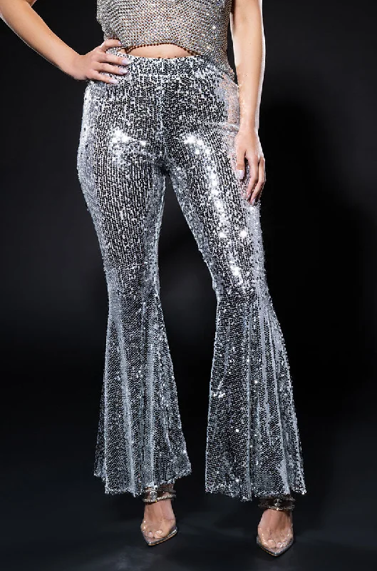 Women's Clothing Sale Online BRIGHTNESS SEQUIN FLARE PANT IN SILVER