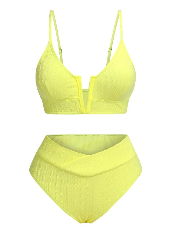 Seasonal Trends Yellow 1950s Solid Knit Bikini Set