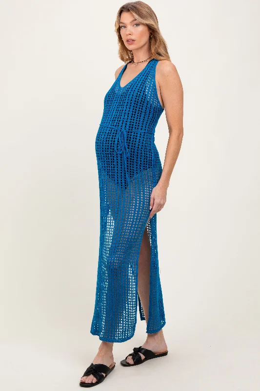 Fashionable Women’s Wardrobe Blue Crochet V-Neck Side Slit Maternity Cover Up