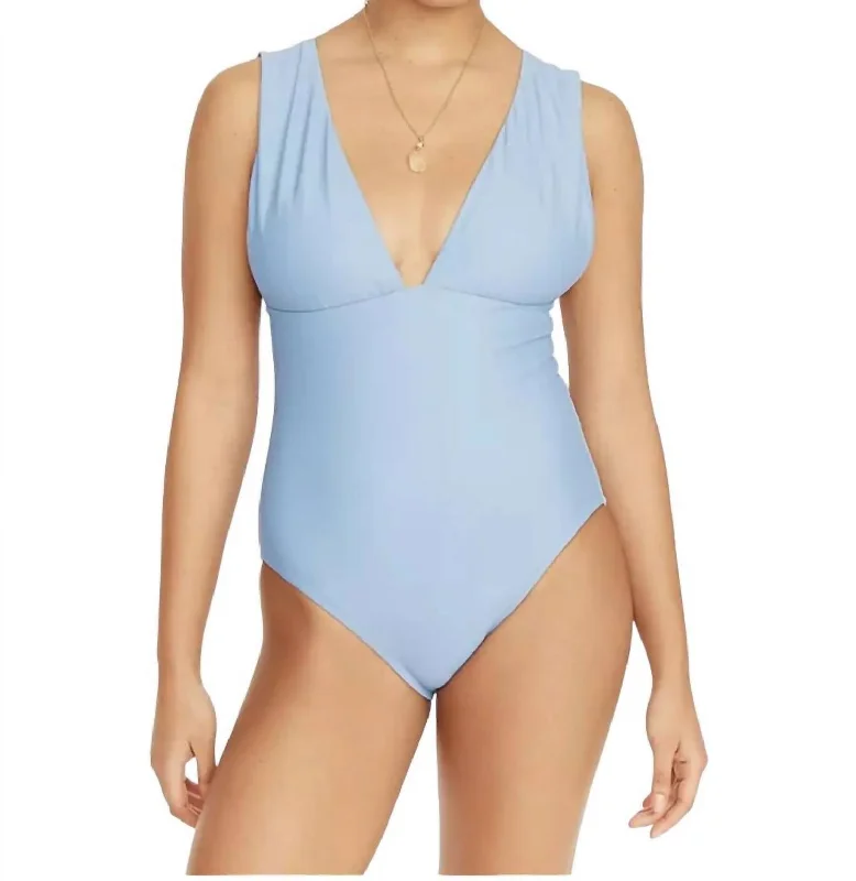 Vintage Fashion V Neck One Piece Swimsuit In Blue