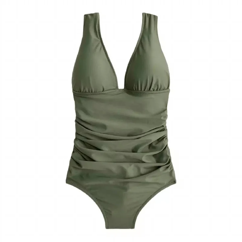 Sophisticated Fashion Ruched V Neck One Piece Swimsuit In Green