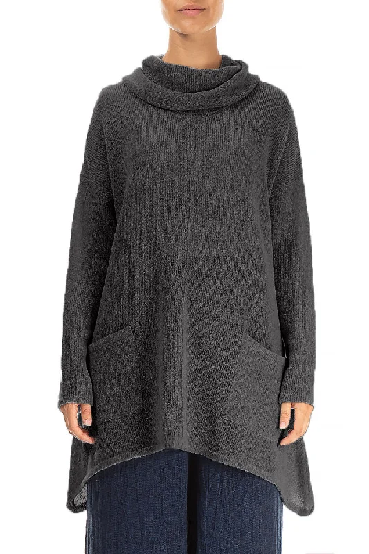 Big Savings Longer Back Turtleneck Dark Grey Wool Sweater