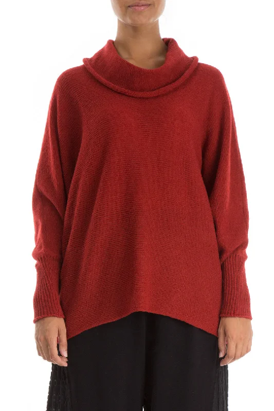 Relaxed Style Cowl Neck Red Wool Sweater