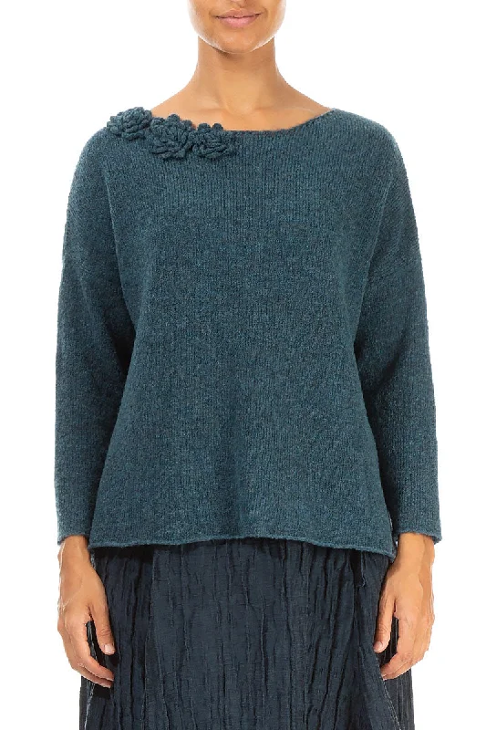 Seasonal Fashion Rosette Teal Wool Sweater