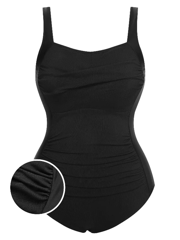 Explore What's New [Plus Size] Black 1960s Pleated Solid Swimsuit