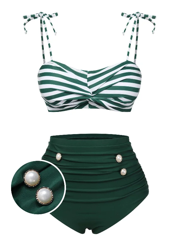 Earthy Tones Green 1960s Stripe Shoulder Straps Swimsuit