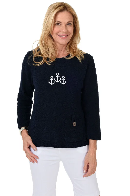 Online Boutiques Navy Anchor Embroidered Chenille Sweater