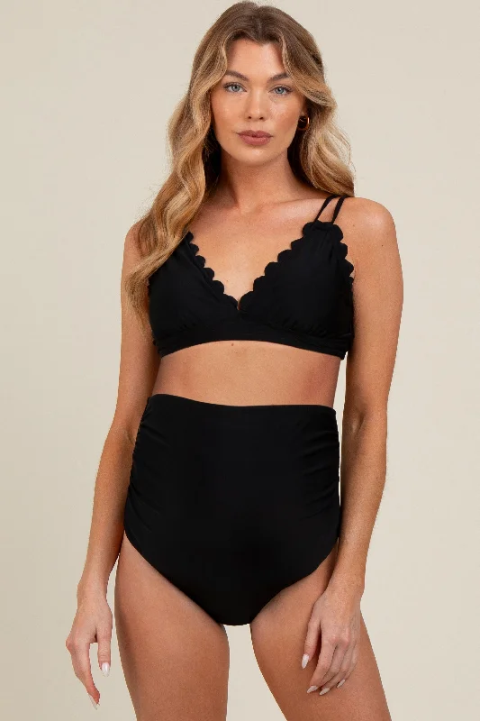 Clothes Woman Black Scalloped V-Neck High Waist Two-Piece Maternity Swimsuit