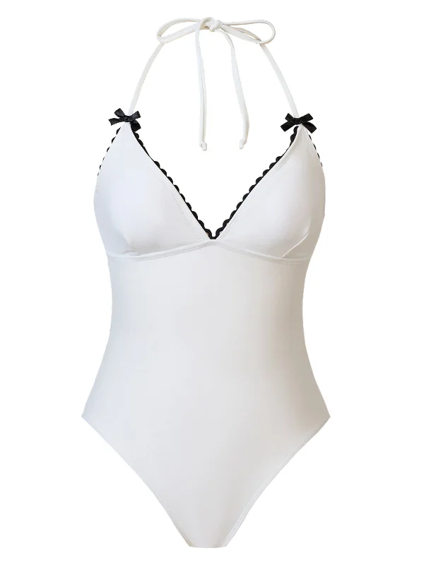 Women’s Outerwear for All Weather Conditions White 1950s Bow Lace-Up Halter Swimsuit