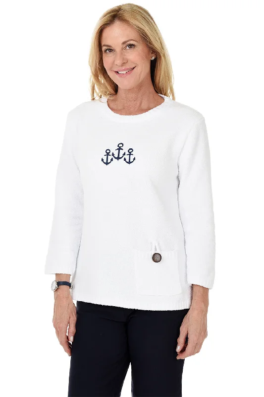 Exclusive Online Sale White Anchor Embroidered Chenille Sweater