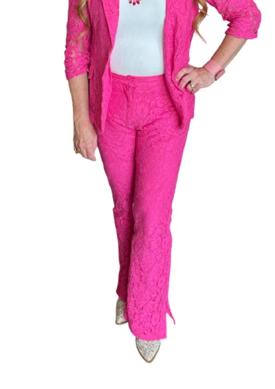 Women's Clothes Online Shopping Side Slit Lace Flare Pant In Hot Pink