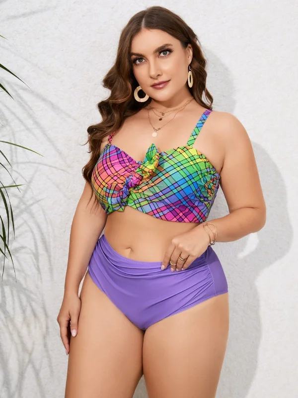 Elegant Women’s Fashion [Plus Size] 1960s Strap Colorful Plaids Bow Swimsuit