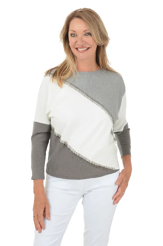 Stylish Basics Grey Beaded Colorblock Dolman Sleeve Sweater