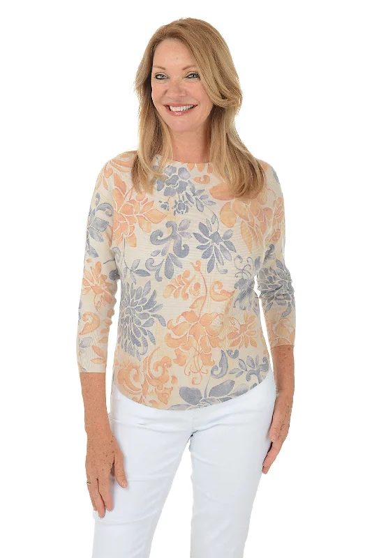 Sophisticated Fashion Damask Flower 3/4 Dolman Sleeve Sweater