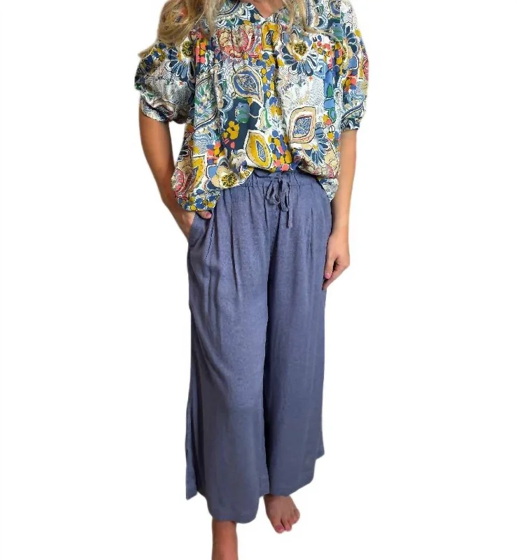 Comfortable Clothes Crop Wide Leg Pants In Slate Blue